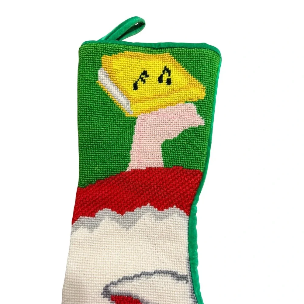 Vintage Needlepoint Christmas Stocking Todd Boy Music Book Green Velvet 19 Inch